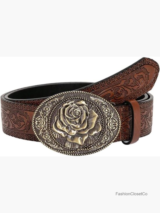 Women\'s Western Cowgirl Belt with Oval Metal Buckle Faux Leather Embossed main image 4
